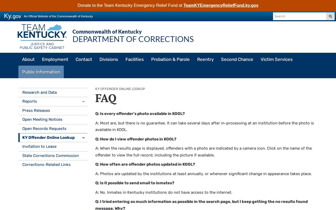 Kentucky Offender Online Lookup FAQ describing update and photo timing