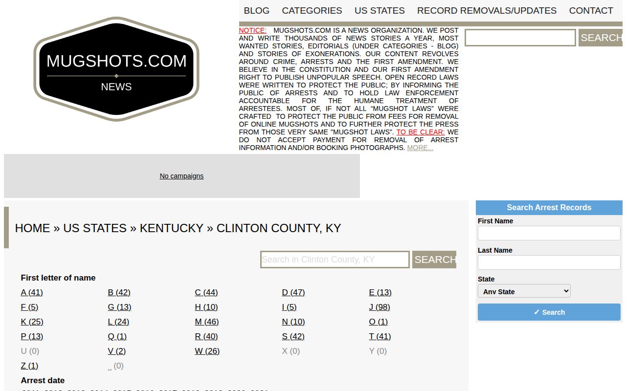 Unofficial Clinton County mugshot-index page shown for source-awareness context