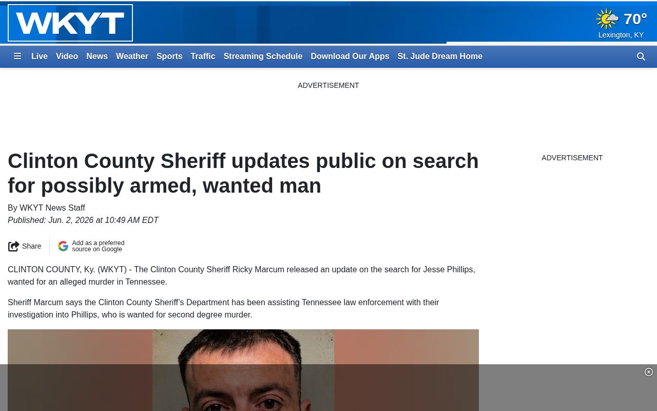 Clinton County wanted-fugitive public-safety notice from WKYT
